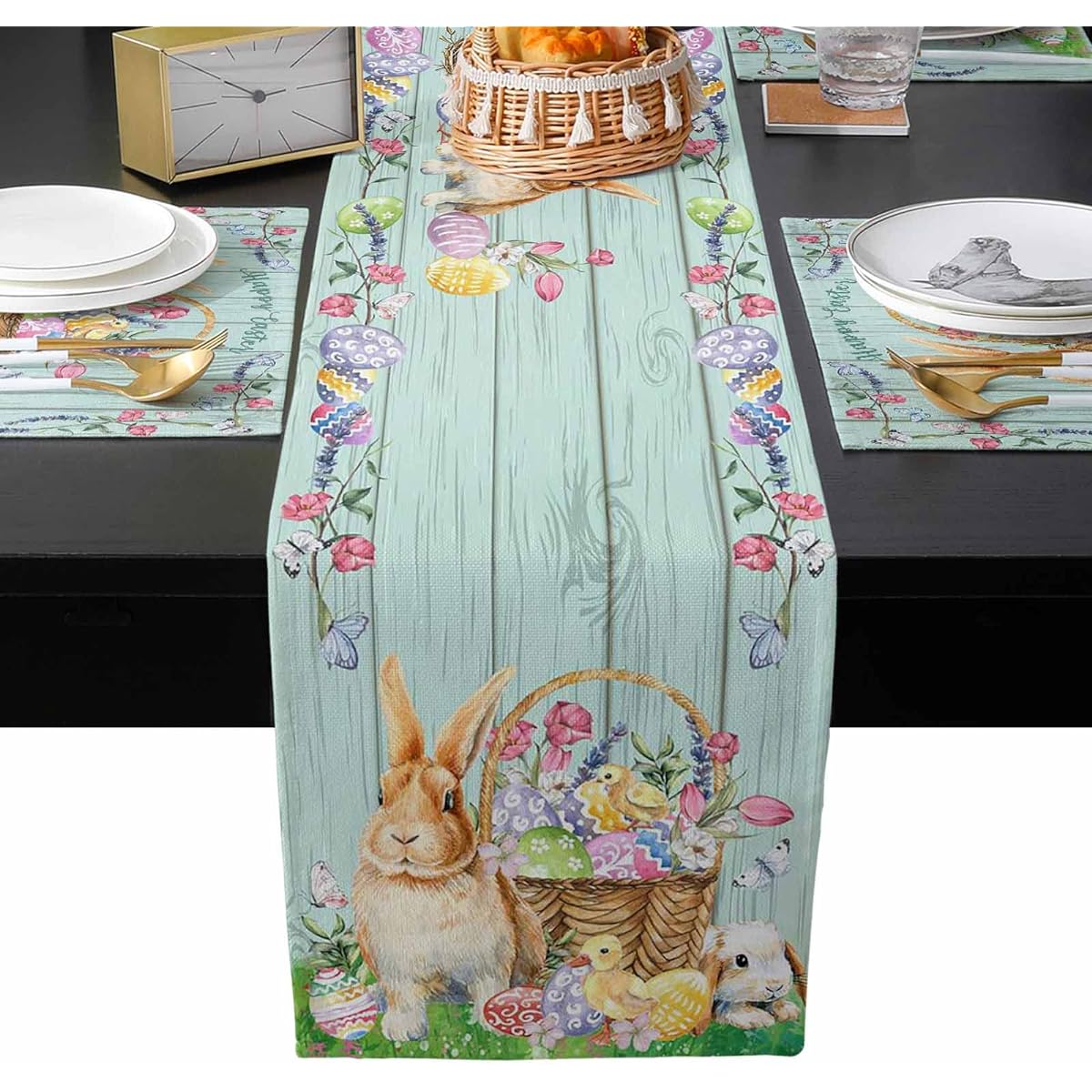 Happy Easter Eggs Rabbit Placemats Set of 6 Cute Bunny Cotton Linen 90" Long Table Runner Heat Resistant Matching Table Mat Set for Dining Table/Kitchen/Outdoor/Indoor Use Teal Green