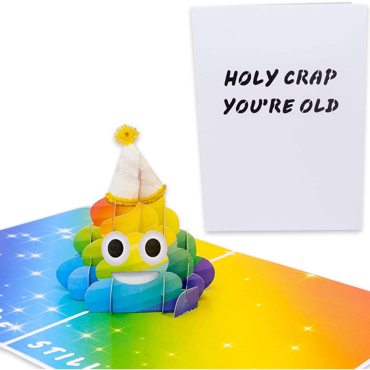 Dirty Pop Cards - Holy Crap You're Old 3D Pop Up Card, Rainbow Poop Emoji Funny Birthday Card for Men, Women, Parents, Siblings, Spouse, Friends and All Popup Humor Lovers - 1 Card 5 x 7 inch, 1 Notepaper, 1 Envelope