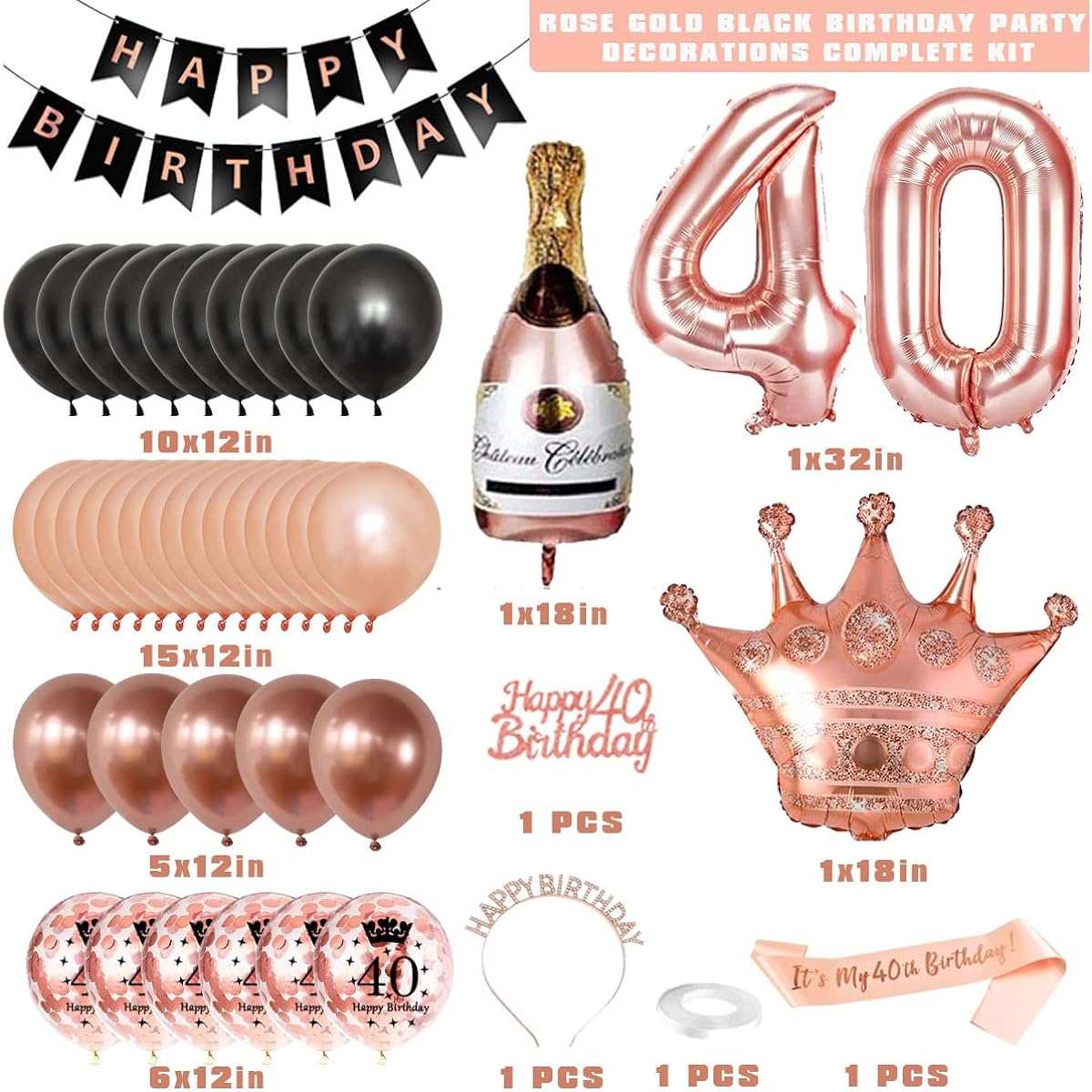 Black and Rose Gold 40th Birthday Decorations for Women
