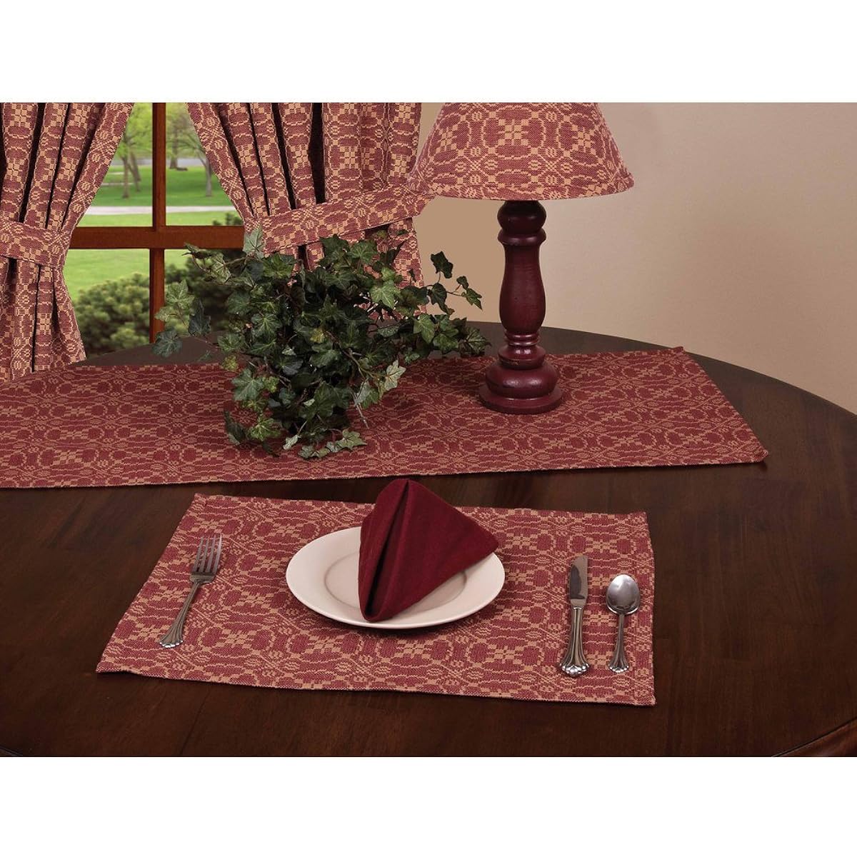 Raghu Marshfield Jacquard Burnt Red and Tan Table Runner Home Collection 14" x 36"