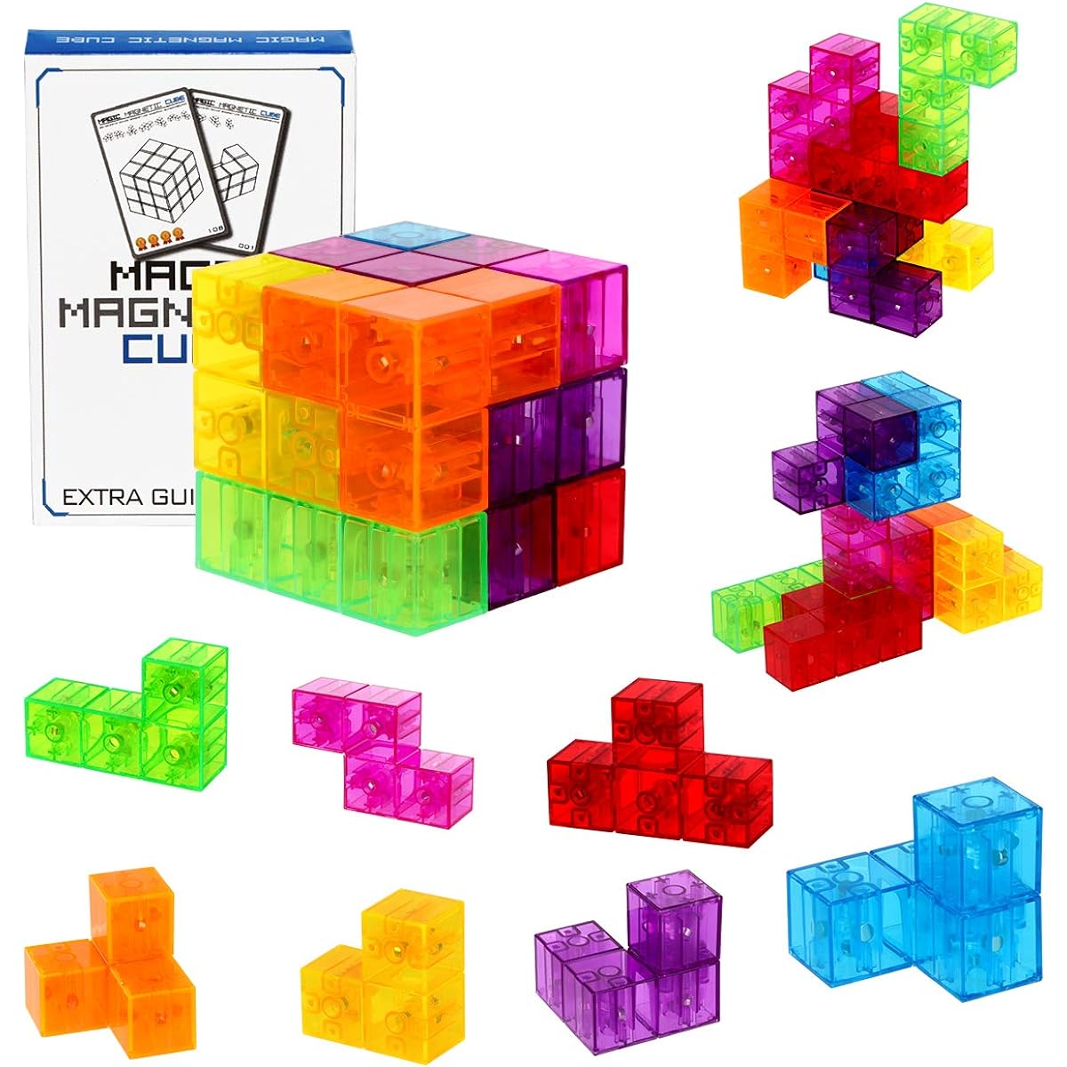 DASDAX Magnetic Building Blocks Magic Magnetic 3D Puzzle Cube Set of 7 Multi-Shape Magnetic Blocks with 54 Guide Cards Intelligence Development Stress Relief Fidget Toys