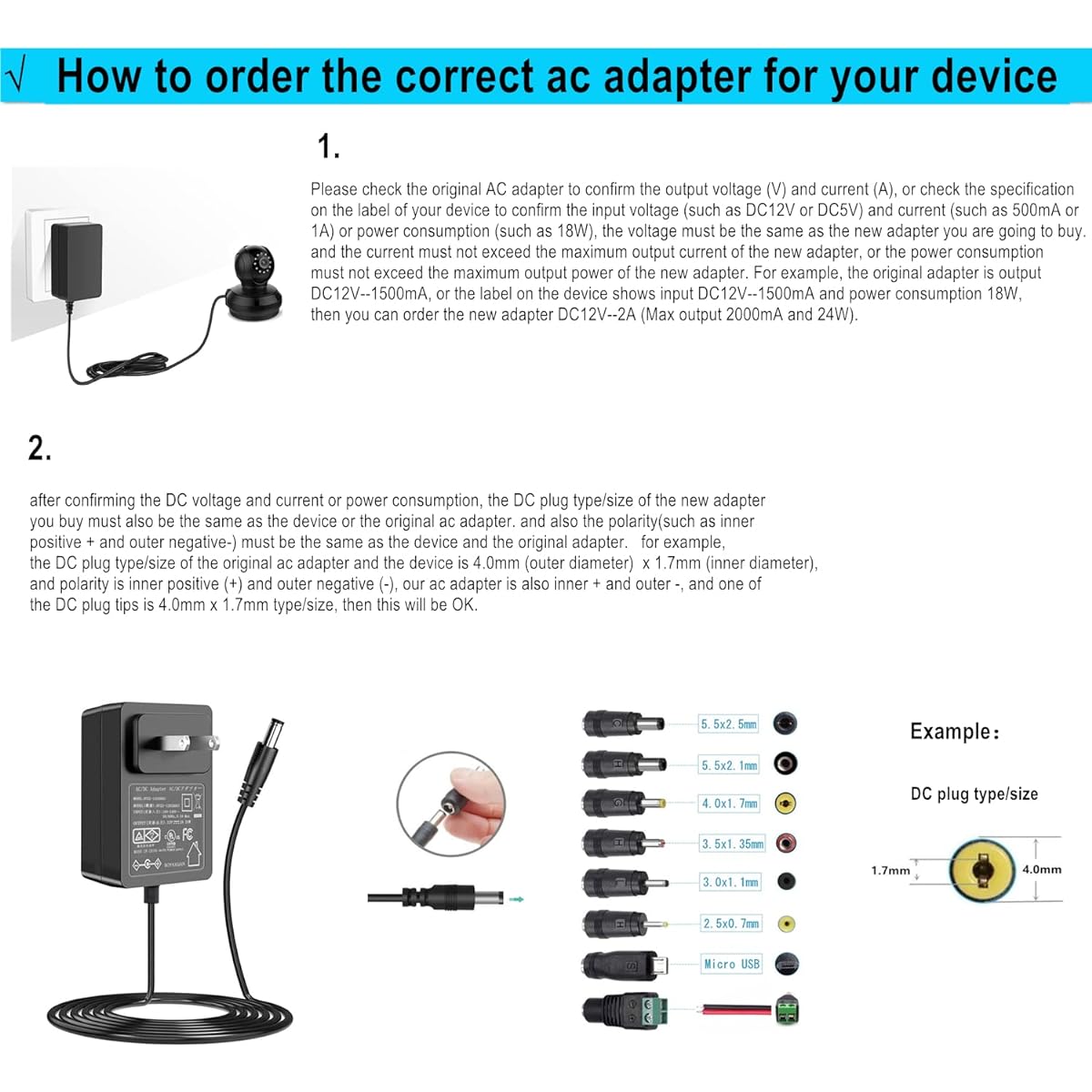 Geluorui UL AC Adapter 12V 2A Power Supply AC110V to DC12V 2000mA 1000mA 500mA 100mA Switching Power Adapter with 8 Plug Tips 5ft Cord 12V Wall Charger Transformer AC DC Adapter (DC12V~2A)