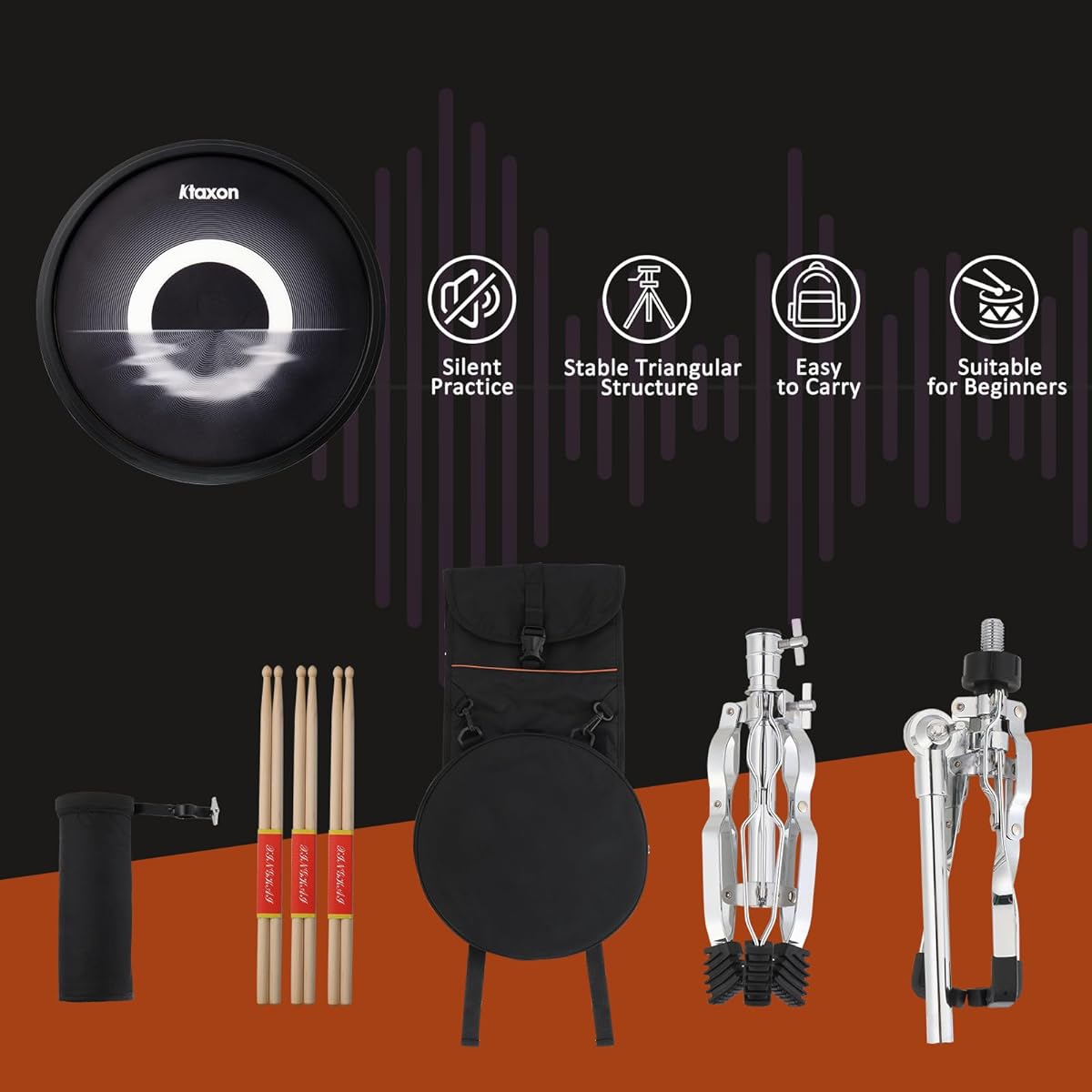 Ktaxon Drum Practice Pad Set Snare Drum Stand Kit with 12" Silent Drum Pad, Drumstick Holder, Bag, and 3 Pairs of Drumsticks. Height Adjustable Pad Stand Compatible with 10" to 14" Drums (Black)