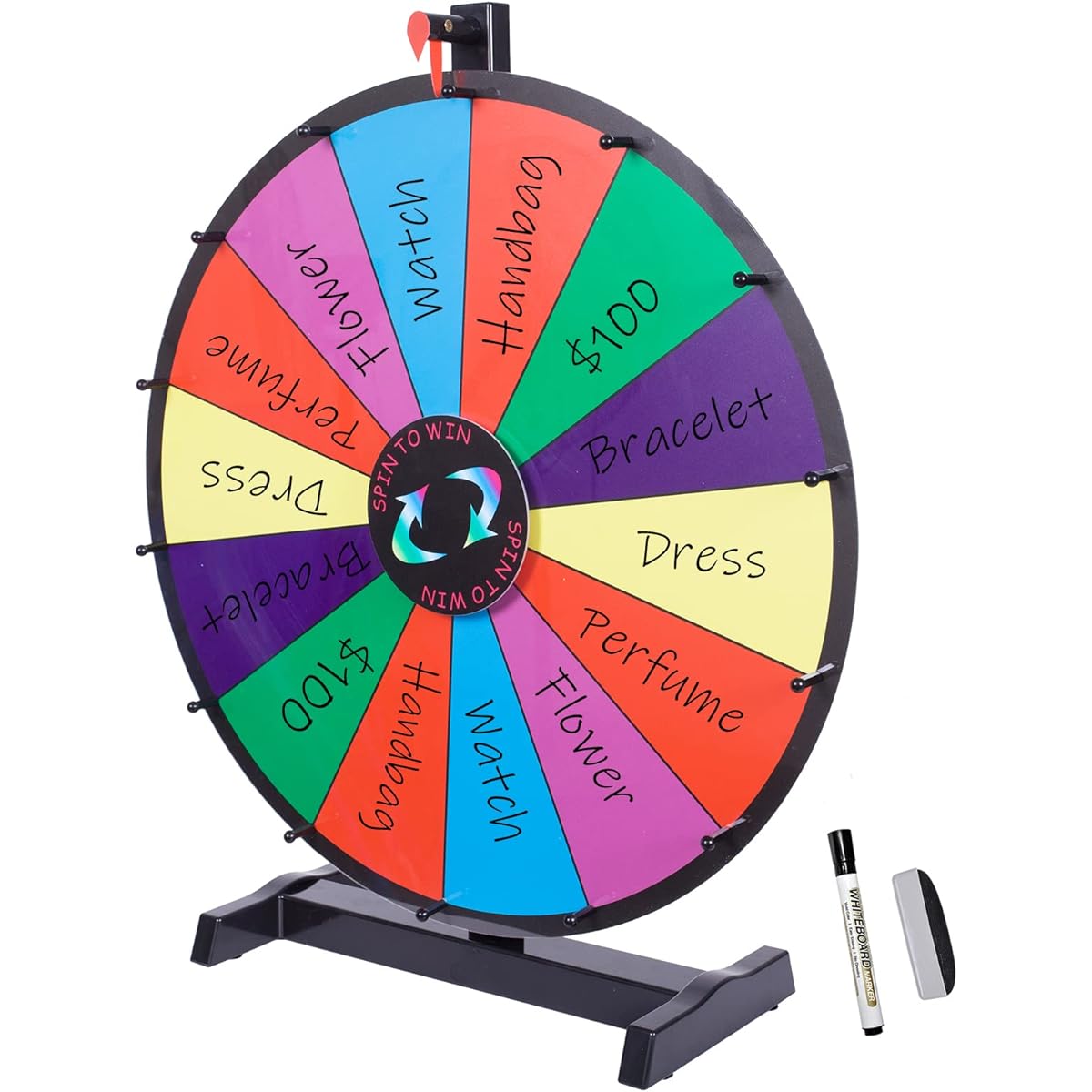 iElyiEsy 24" Prize Wheel of Fortune 14 Slots Rotating Wheel for Prizes with Stand, Whiteboard Eraser and Marker Pens for Trade Show Carnival Party Pub