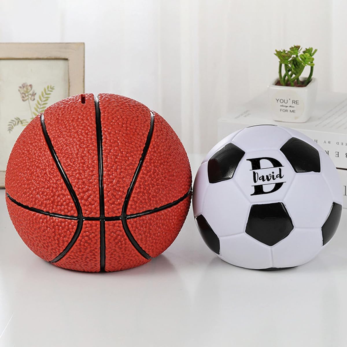 Personalized Piggy Bank, Custom Name Money Bank for Girls and Boys, Unbreakable Basketball/Football Sports Themed Money Box for Birthday, Christmas, Baby Shower, Nursery Decorations.