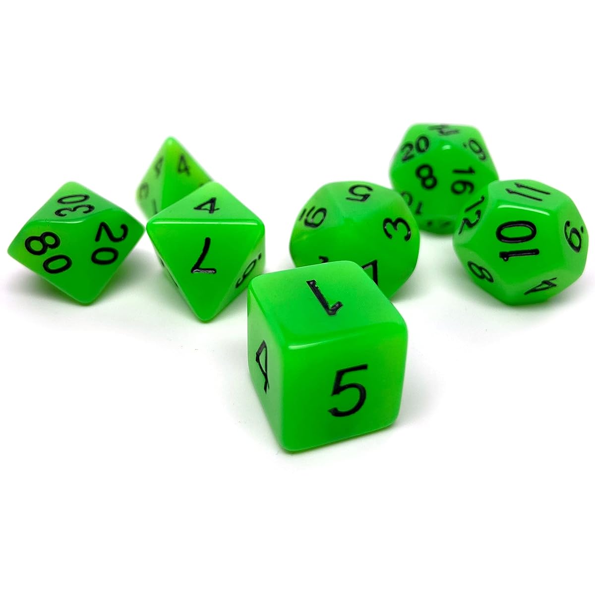 Glow in the Dark Polyhedral Dice Set - 7 Piece Dice Set D20 D12 D10 D8 D6 D4 D00 (Green with Black Font)