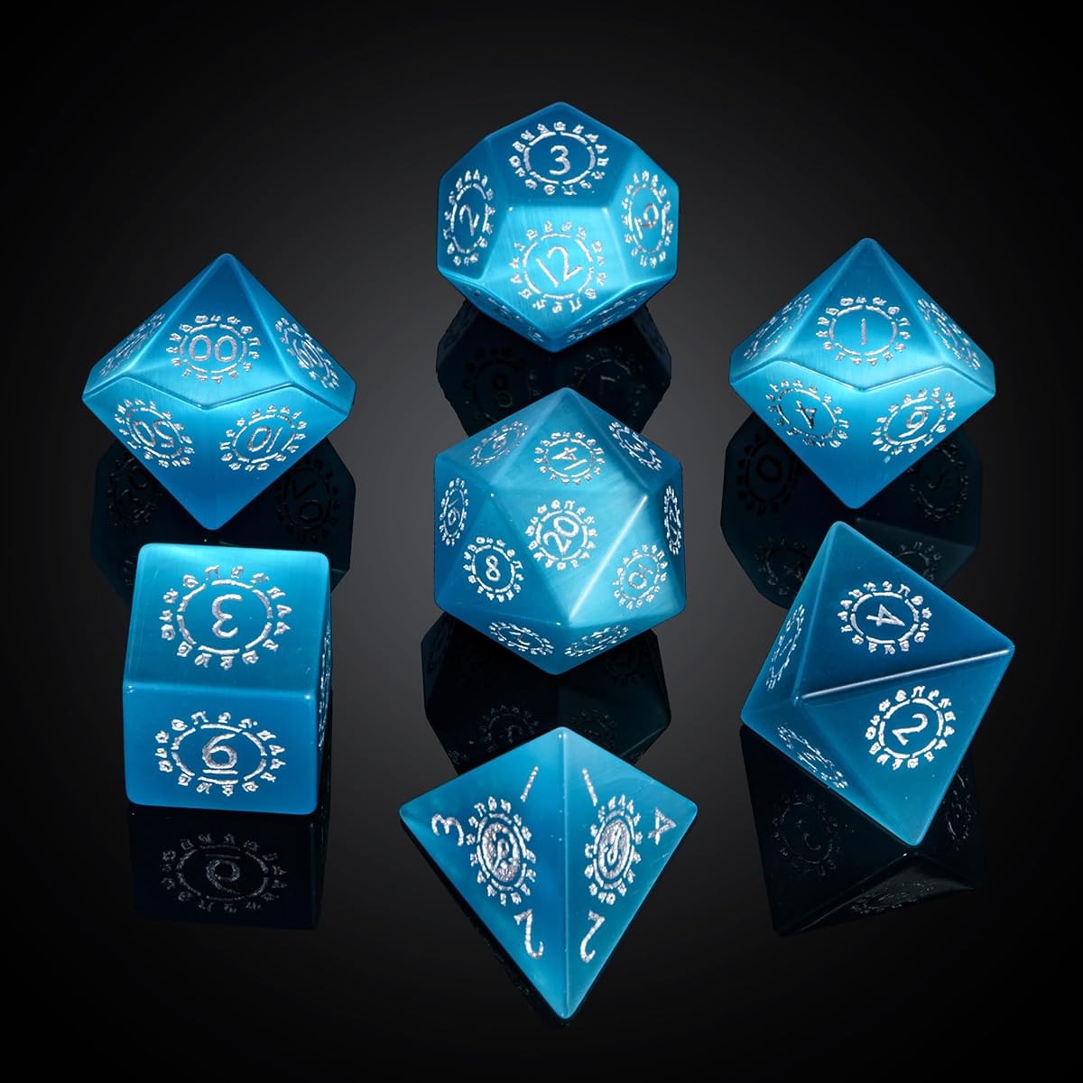UDIXI Natural Gemstone Dice Set, Crystal DND Dice for Dungeons and Dragons, Handmade Stone Dice for MTG Table Game (Loose Blue Cat's Eye)