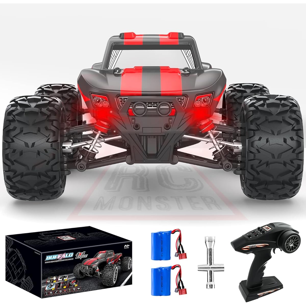 RC Monster RC Car for Adults 1:16 Remote Control Truck 550 Brushed Motor 60+km/h High Speed 4WD Hobby Grade RC Truck 4X4 Off-Road Waterproof High Speed Remote Control Car with 2 Batteries for Boys Kids