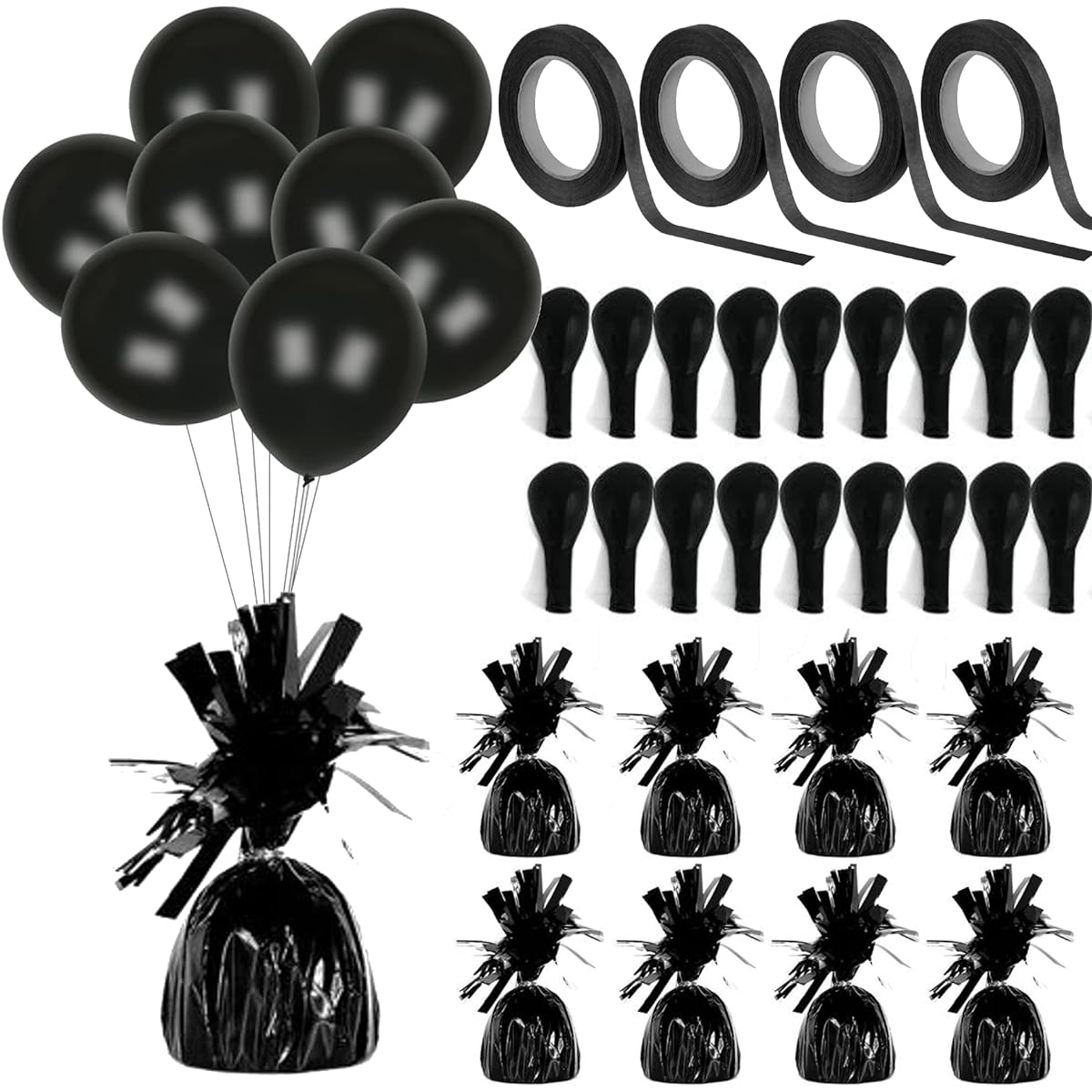 Balloon Weights, Balloons & Ribbons - 12 Balloon Weights, 48 Balloons, Rolled Curling Ribbon - Playo (Black)