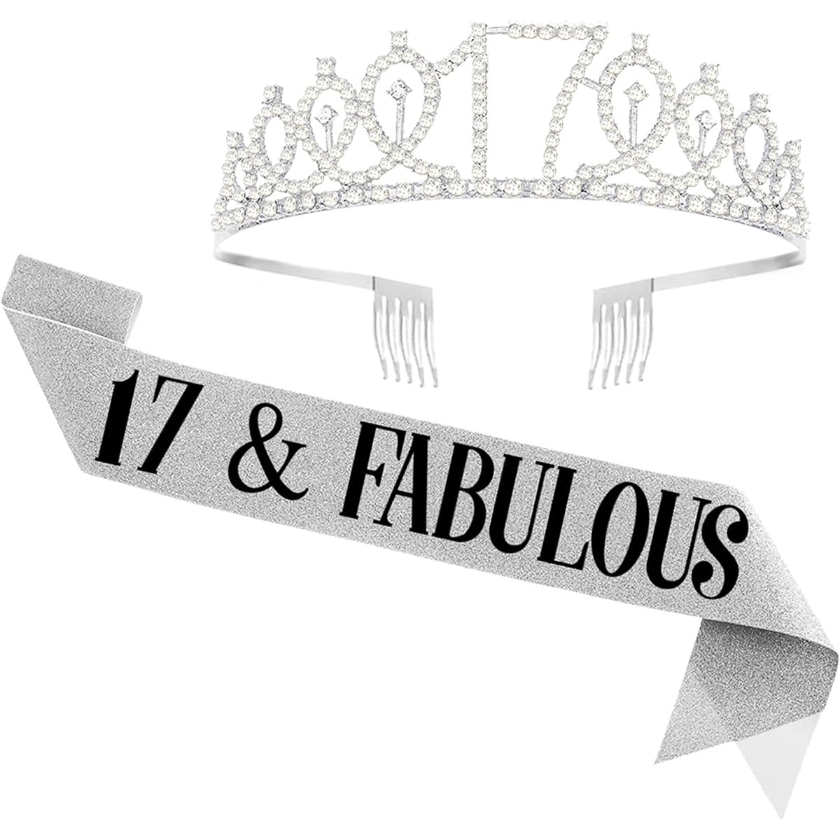 UVATAHONA 17th Birthday Sash and Tiara for Girls, 17 Years Old, Fabulous Sash and Tiara, Birthday Crown, 17th Birthday Gifts for Girls, Kids, Party Favors, Decorations, Silver