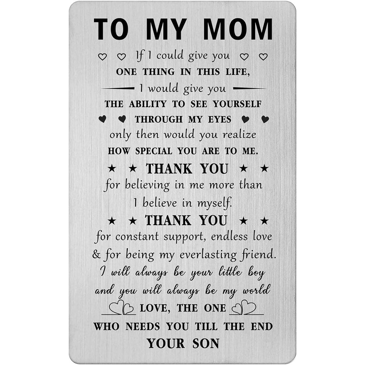 Mataly Gifts from Son to Mom Engraved Wallet Card Mother's Day Birthday Thanksgiving Day Gifts for Mom Gifts from Son to Mom