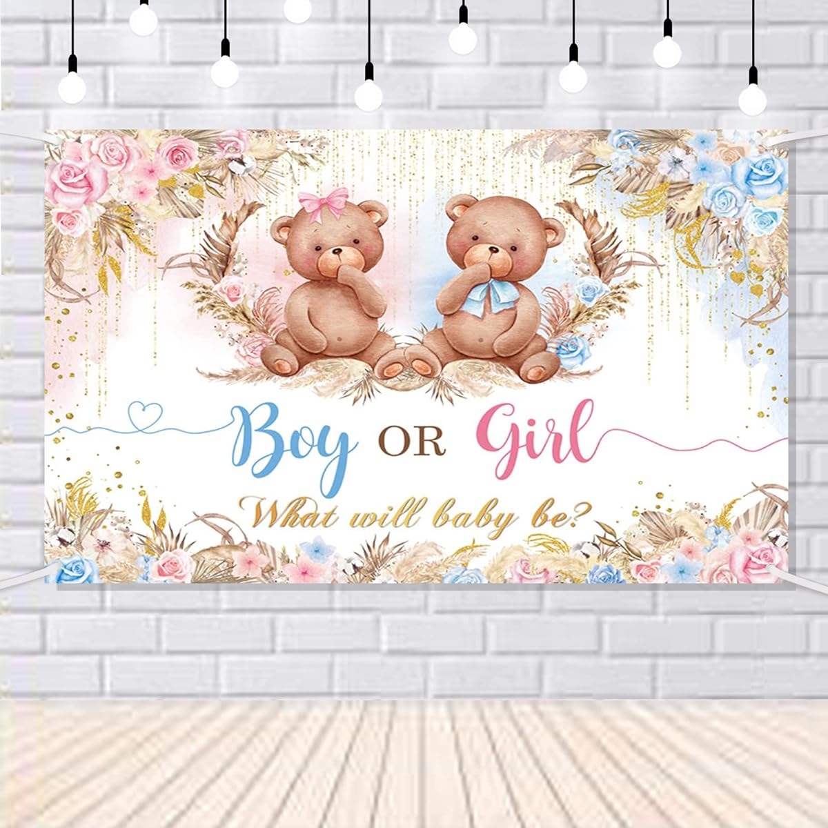 AIBIIN Boho Bear Gender Reveal Banner Backdrop Boy or Girl Baby Shower Party Decorations Supplies Pink Blue Flower Gender Reveal Theme Photo Background Decorative Banner