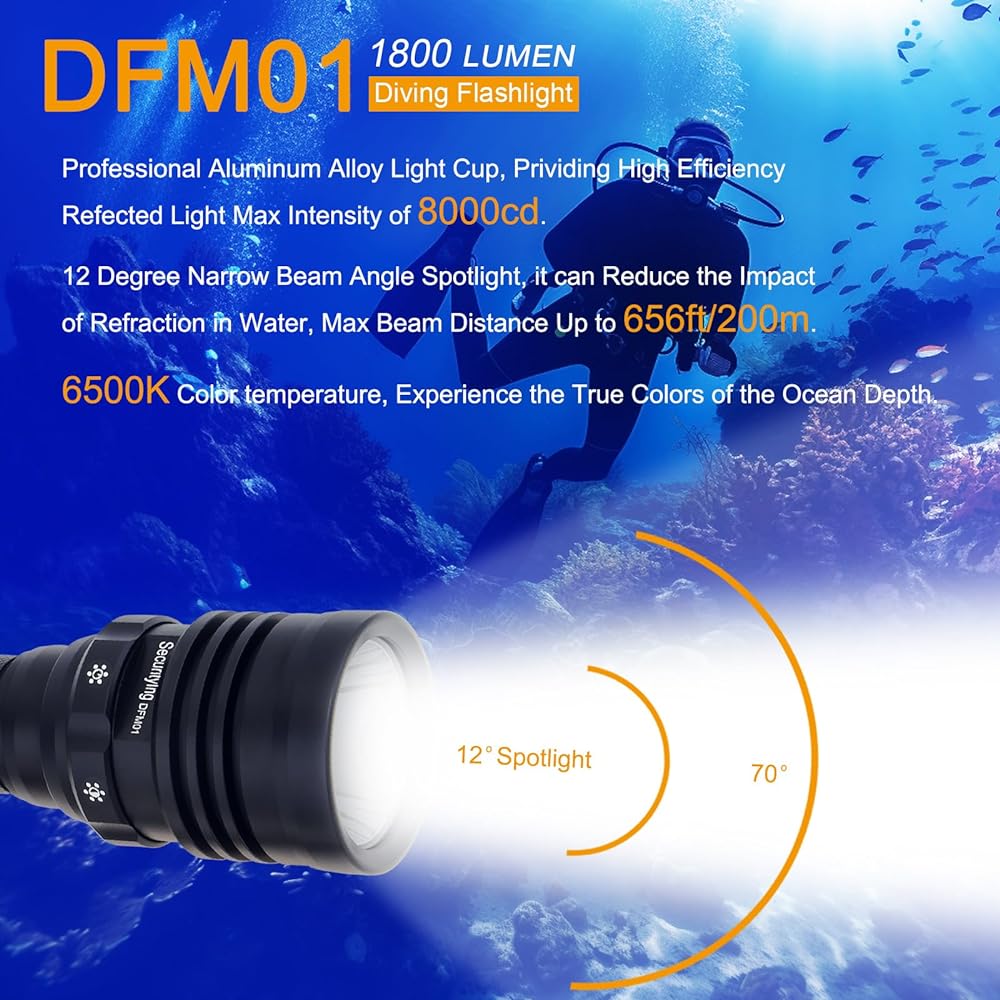 SecurityIng DFM01 Diving Light, Rechargeable, Bright, 1800 Lumens, Irradiation Range, 200M, 5 Dimming Modes, LED Diving Light, IPX-8 Waterproof, Used Up to 100M Underwater, Underwater Light, Diving, Magnetic Control, Underwater Flashlight with Battery