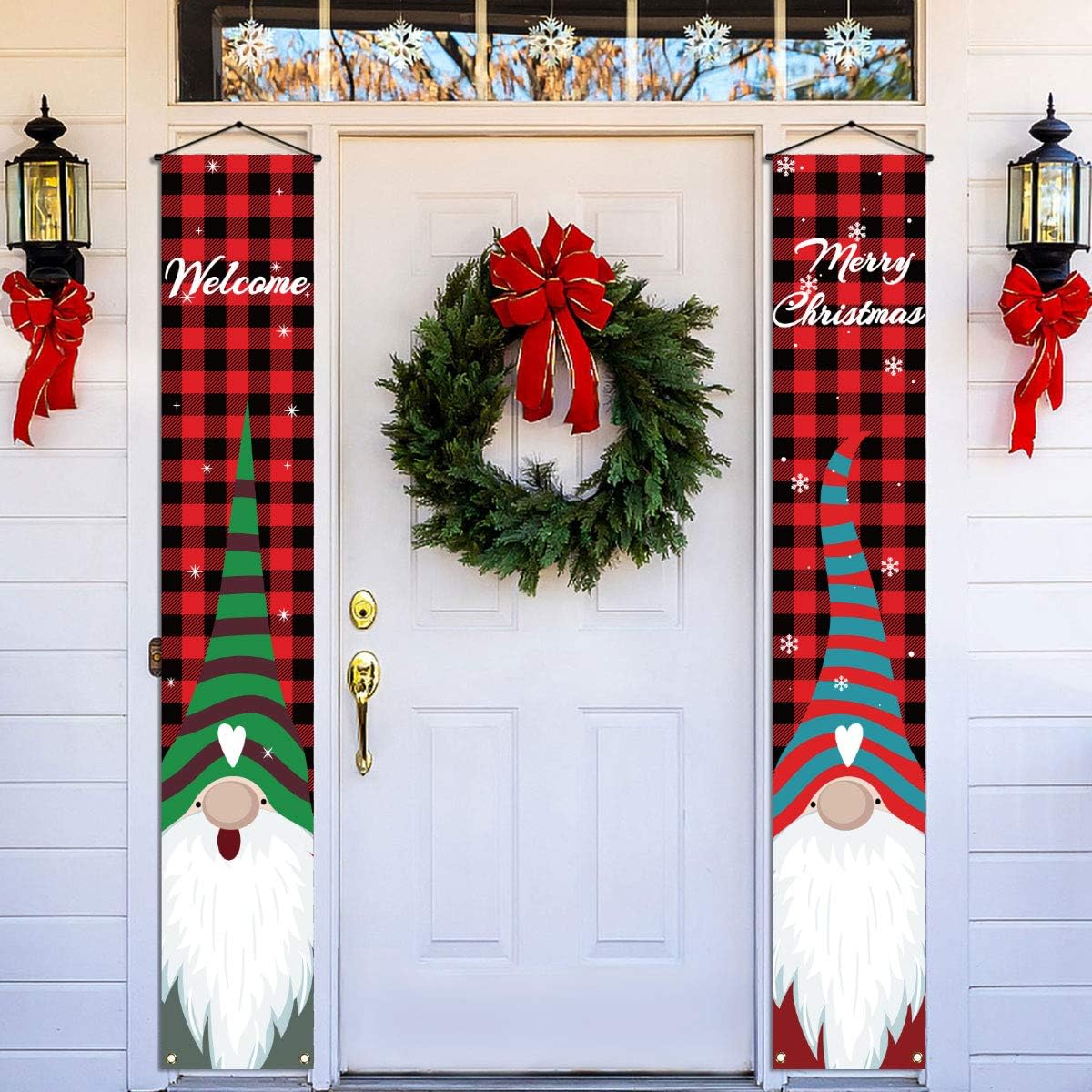 Rainlemon Welcome and Merry Christmas Gnome Porch Banner Black and Red Buffalo Check Checkered Plaid Front Door Sign Decoration
