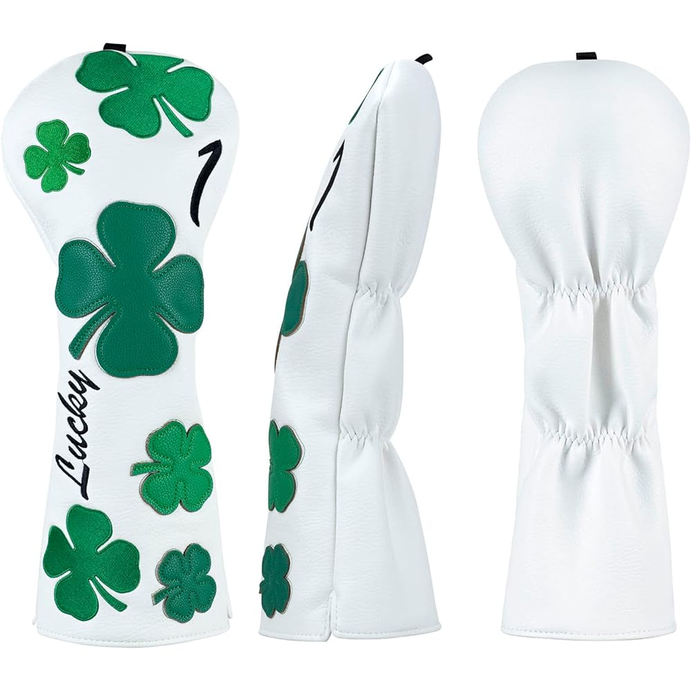 Golf club head cover for driver/fairway wood/utility single item/set embroidery clover synthetic leather white