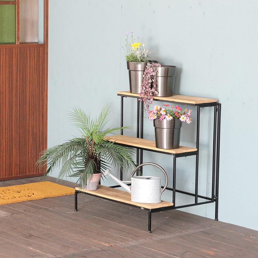 SPICE OF LIFE Flower stand, flower pot stand, recycled wood flower stand, 3 tiers, assembly type, width 75cm, depth 60cm, height 80cm, wooden shelf, iron, natural x black TJXT1033