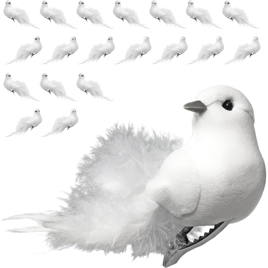White Feather Doves with Clips - Set of 20 Dove Clip-on Decorations for Weddings, Christmas Trees, Wreaths, Garlands, Centerpieces, Swags - Feather Doves Craft Accessories