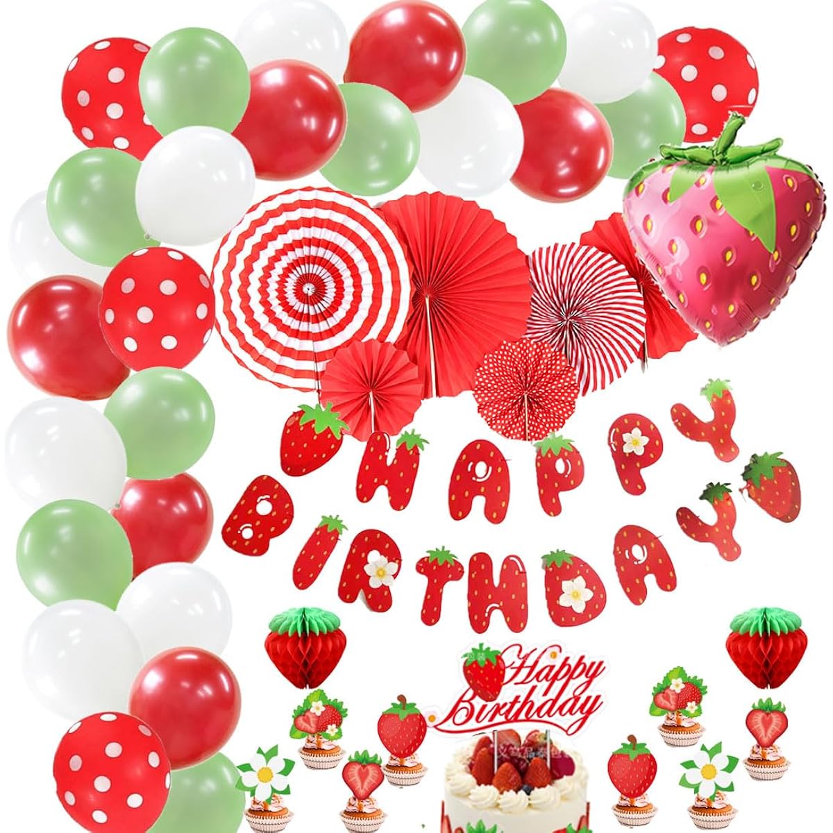 Strawberry Birthday Decorations 1st Strawberry Balloon Garland Red Paper Fan Kit Strawberry Party Decorations Happy Birthday Banner Honeycomb Balls for Girls