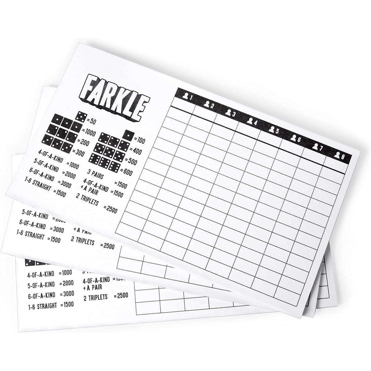 Farkle Scorecards - Set of 75 Replacement Score Sheets for Farkle Dice Games for Up to 8 Players by Brybelly