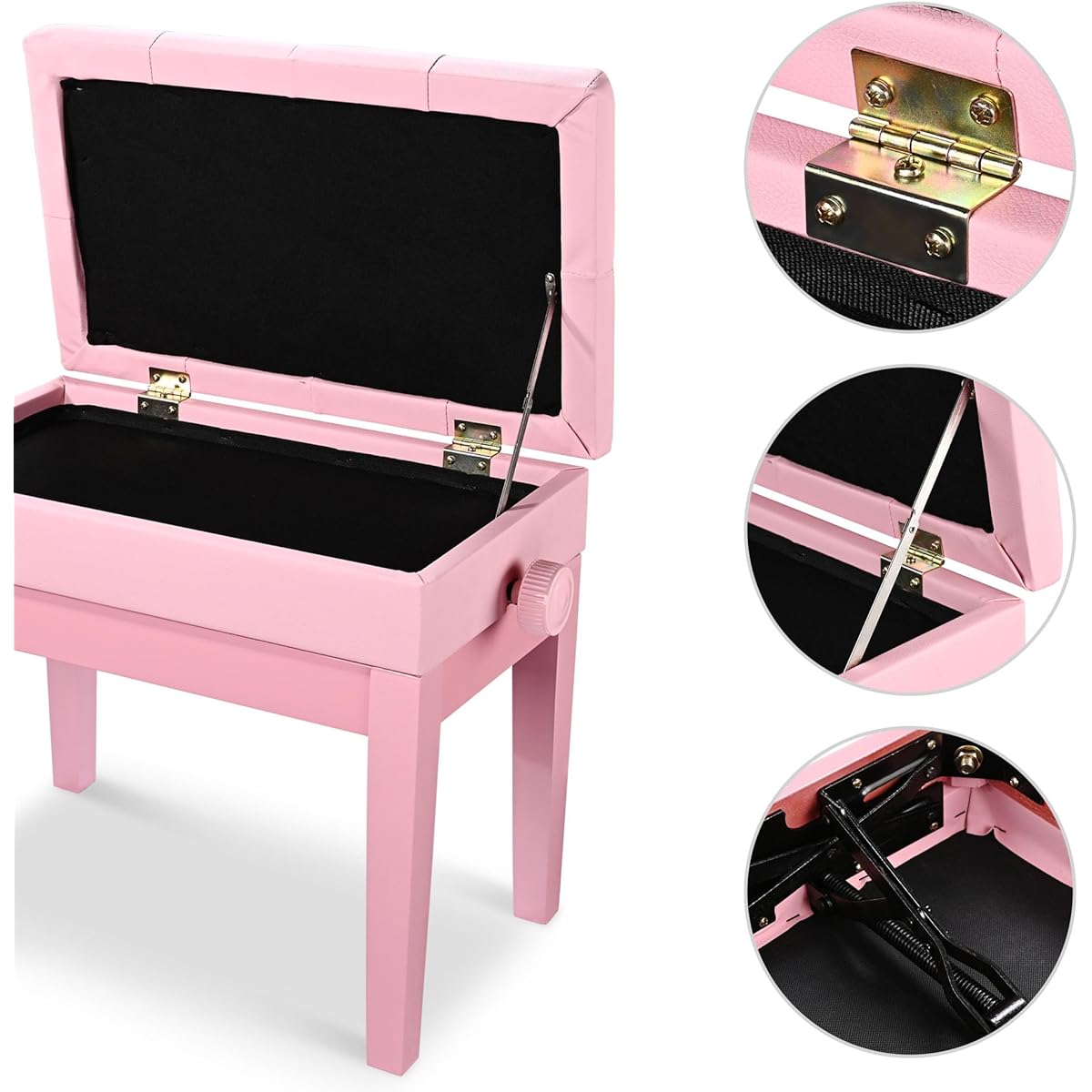 AW Adjustable Height Piano Bench PU Leather Padded Wooden Keyboard Stool Music Book Storage Pink
