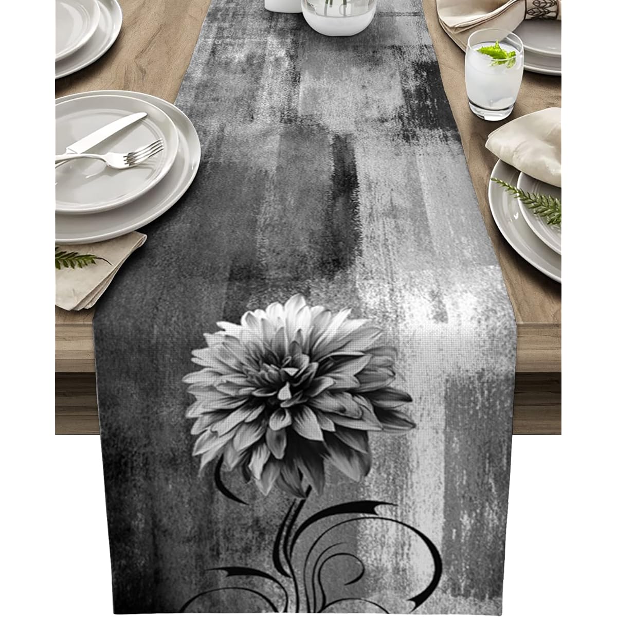 Black Dahlia Table Runner - 36" Long Modern White Grey Ombre Floral Oil Painting Abstract Art Cotton Linen Blend Dress Scarf Farmhouse Table Runner for Kitchen Dining, Coffee Table 13" x 36"