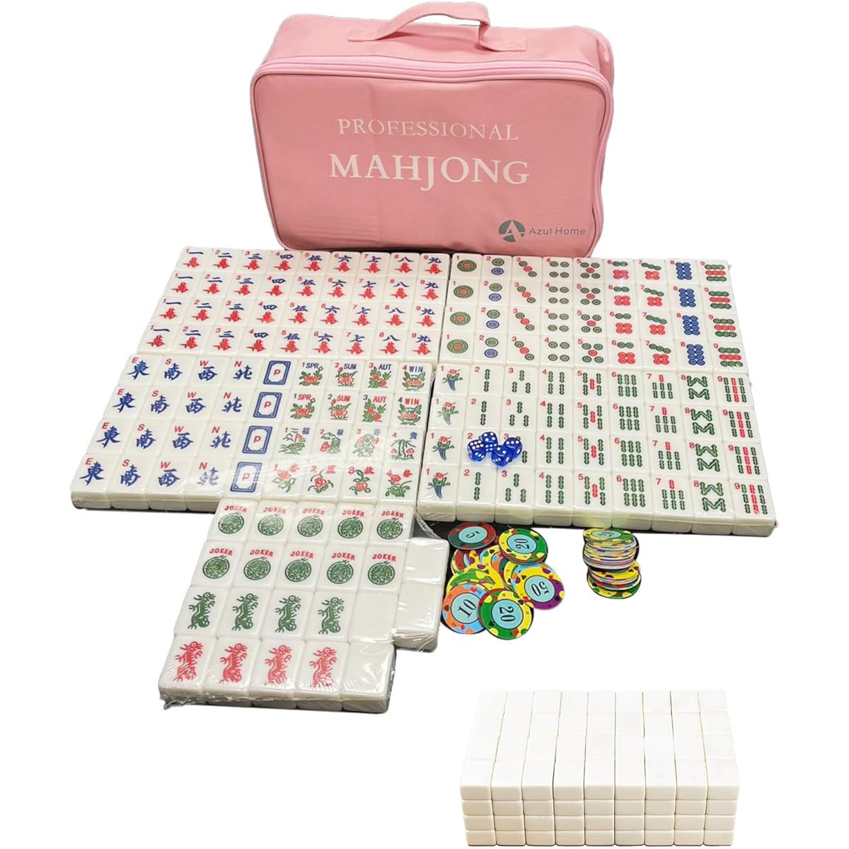 AzulHome American Mahjong Game Set, 166 Premium Large Tiles, 4 Dice, 80 Poker Chips, 1 Portable Storage Bag, 40mm Medium (Ivory), Ivory White
