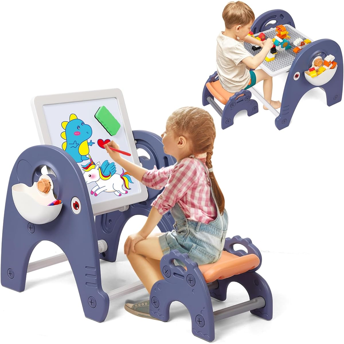 2 in 1 Easel Kids Toddler Standing Art Easel Building Blocks Table Multi-Activity Table Chair Set with Whiteboard