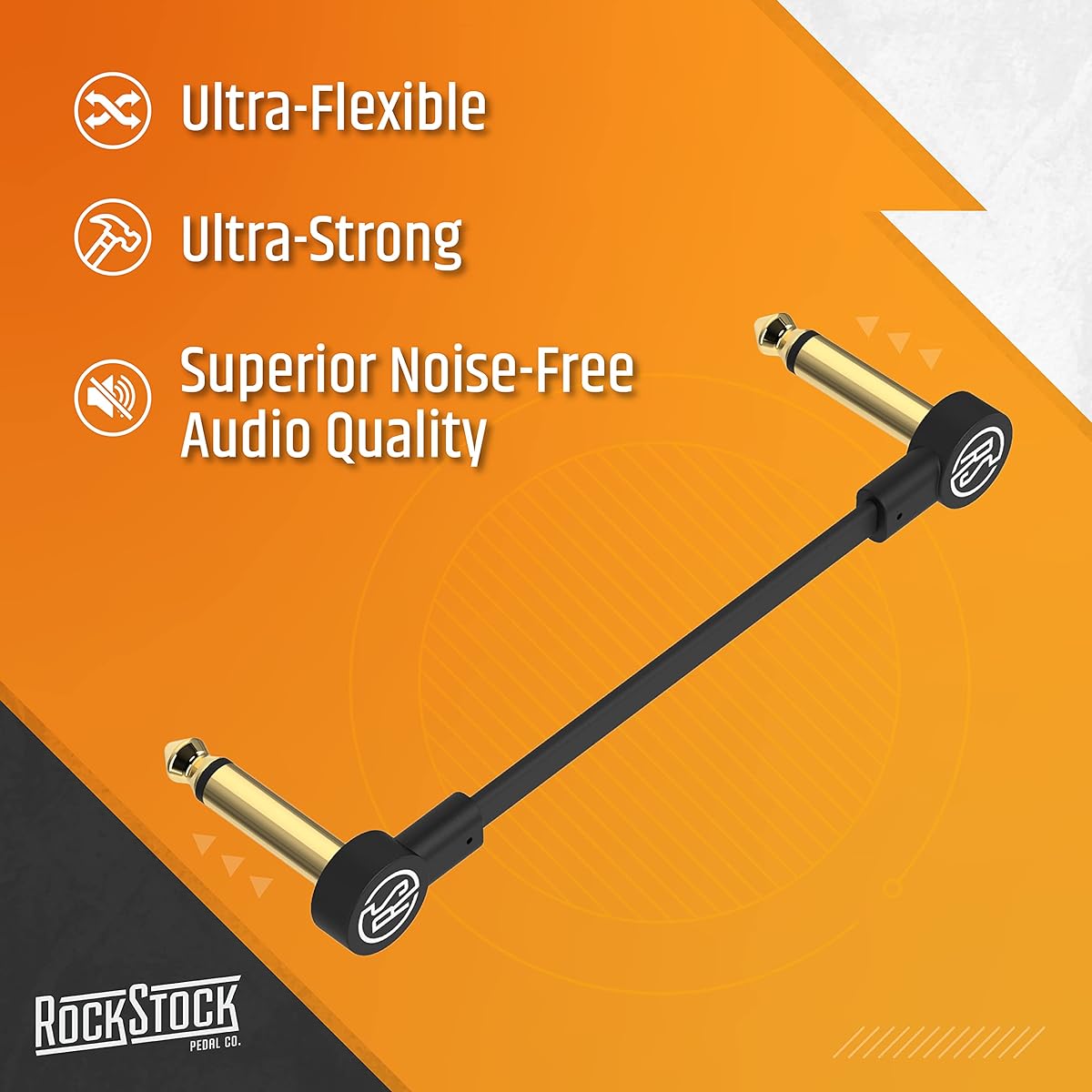 Rock Stock Guitar Flat Patch Cables - 12 Inch C-Shape Effect Pedal Cables - Black with Durable Gold Plated Connectors, Maximize Pedalboard Space (3 Pack)