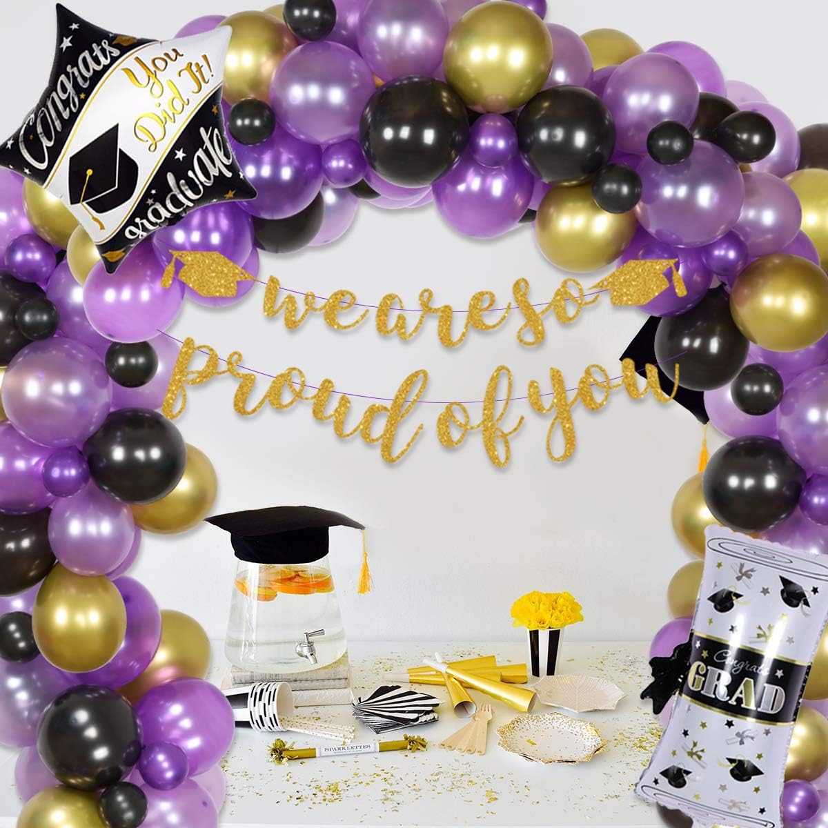 Purple and Gold Graduation Party Decorations Supplies 2021 We are So Proud of You Decorative Banner NYU Graduation Decorations Balloon Garland Arch Kit