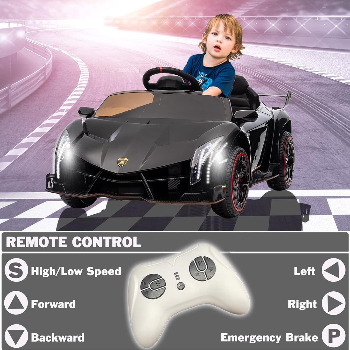 NEWQIDA 12v Ride-On Toy Kids Lamborghini License Car 4x4 Passenger Car with Remote Control Children's Electric Car Battery Powered Sports Car Boys Girls Toddler Music Headlight Black
