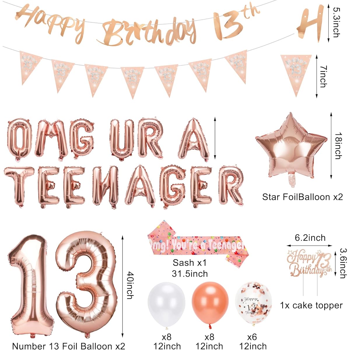 13th Birthday Decorations for Girls - Rose Gold Omg Ur A Teenager Balloon Banner Happy Birthday Banner Sash Cake Topper Pennant Birthday Balloons for Girls 13th Teenager Birthday