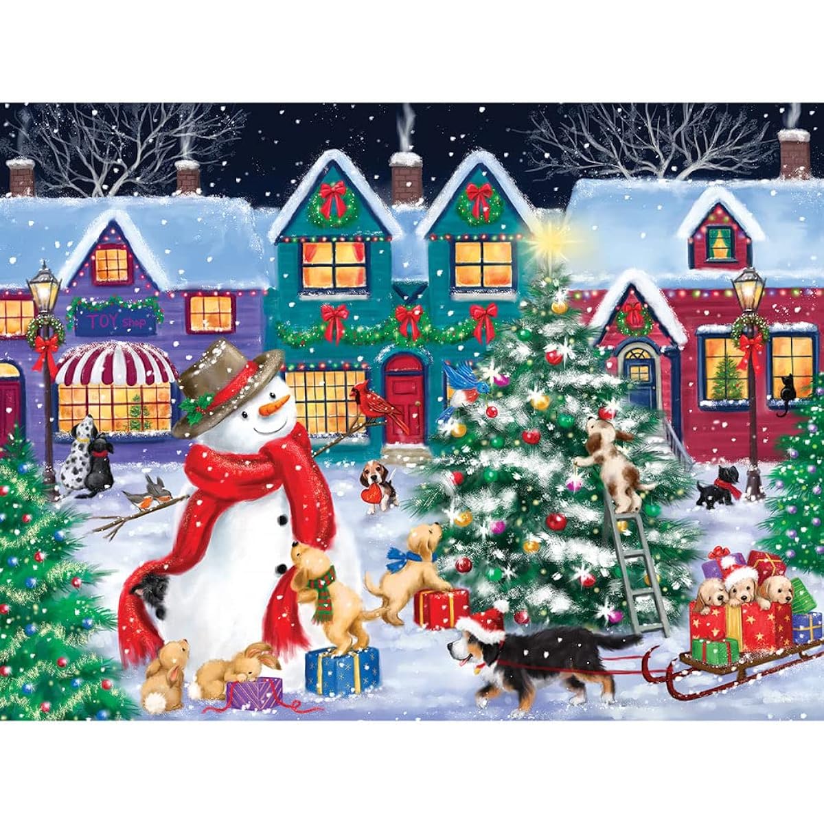 Bits and Pieces - 300 Piece Jigsaw Puzzle for Adults 18" x 24" - Snowman and Dog Christmas Street - 300 Piece Winter Holidays Snow Village Town Tree Presents Jigsaw Puzzle by Artist Makiko