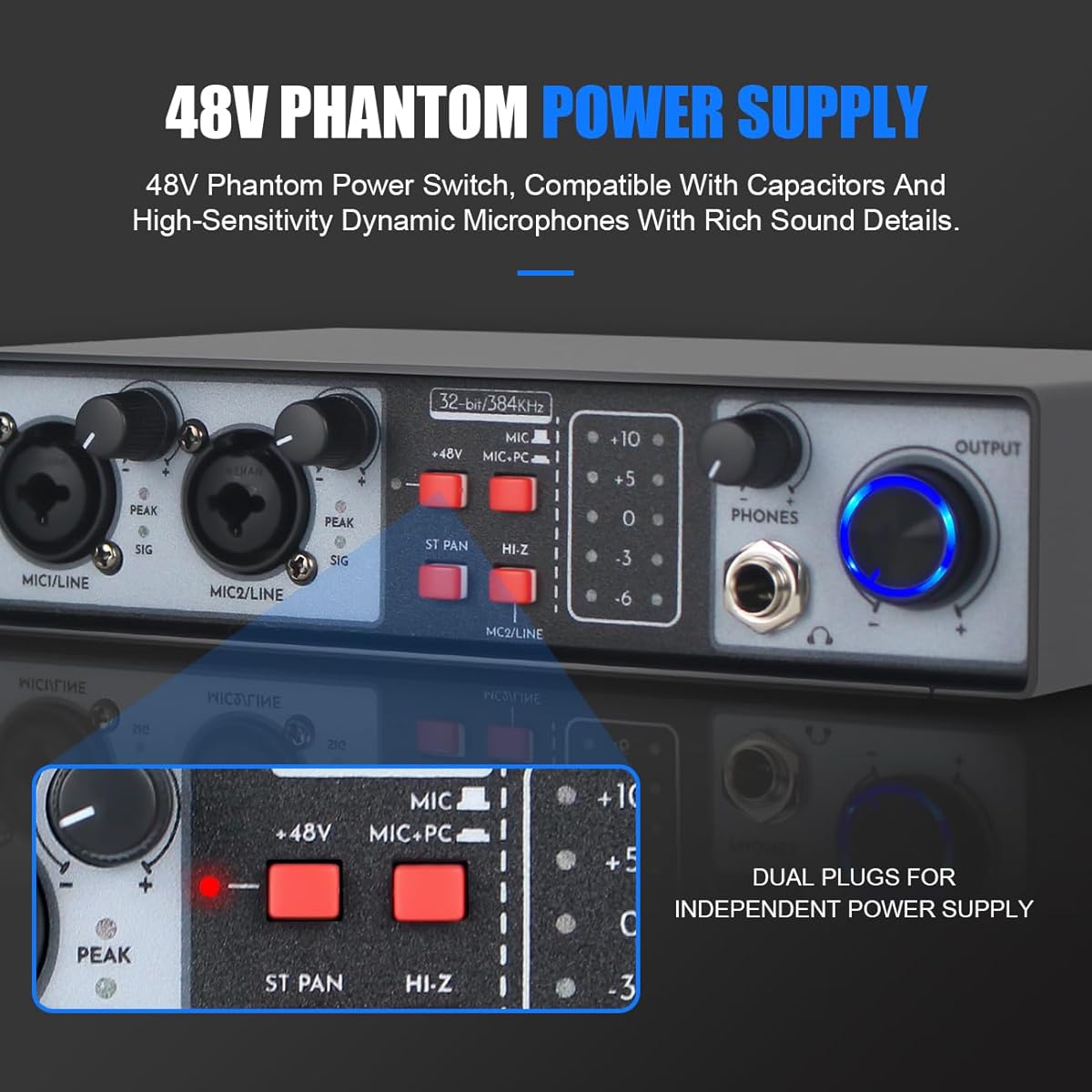 Micfuns MX02 USB Audio Interface (32bit/384kHz) Sound Card, 48V Phantom Power, Headphone Jack, Production Console with Studio Controller for Recording, Production, Podcasting, Guitar