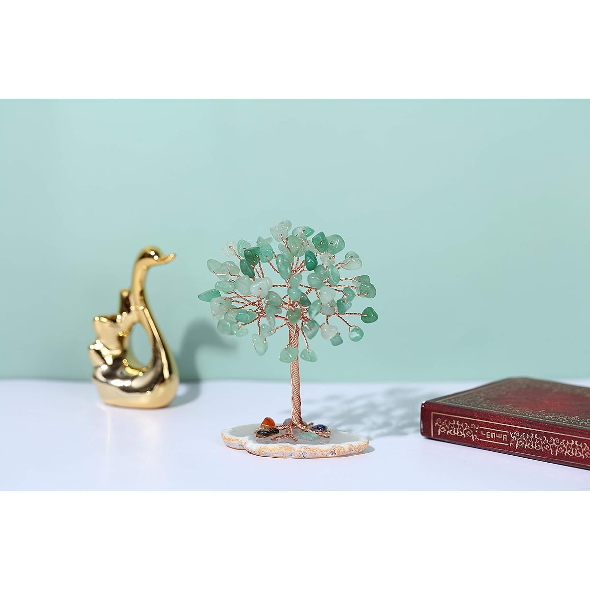 Top Plaza Healing Crystal Tree Green Aventurine Stone Wire Wrapped Natural Agate Slice Base Home Office Living Room Crystal Money Tree Decoration Mini Size