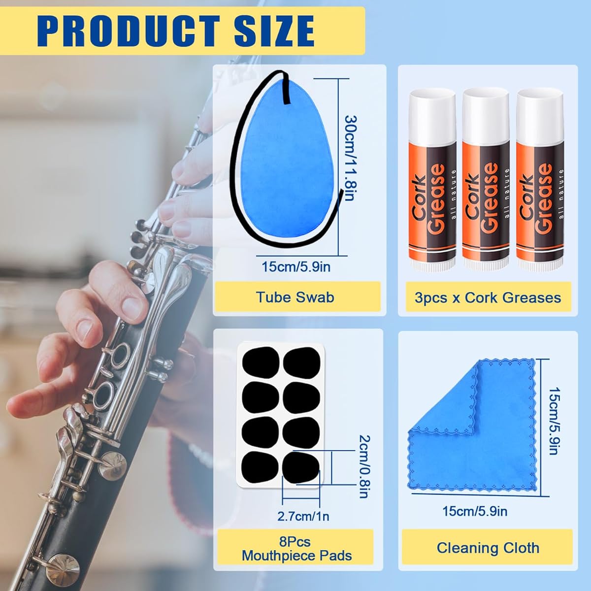 Clarinet Cleaning Kit 23 Pieces All in One Clarinet Clean Kit Clarinet Swab Clarinet Reed Cork Grease Thumb Rest Clarinet Wind Instrument Clarinet Care Accessories Maintenance Kit