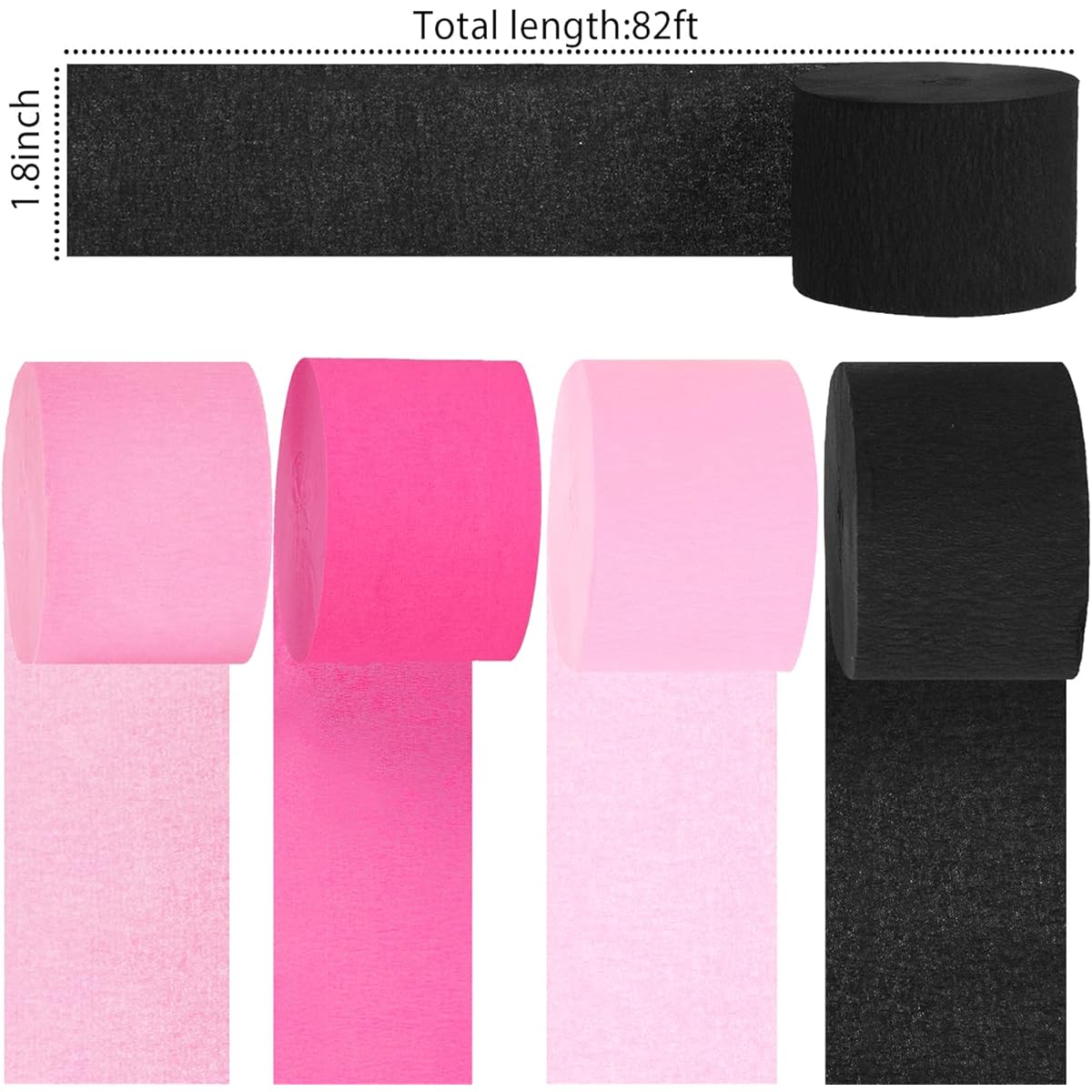 8 Rolls Crepe Paper Streamers, Light Pink, Dark Pink, Black, Party Streamers for Minnie Mouse Theme Baby Shower Birthday Nursery Party Decorations DIY Art Project Supplies