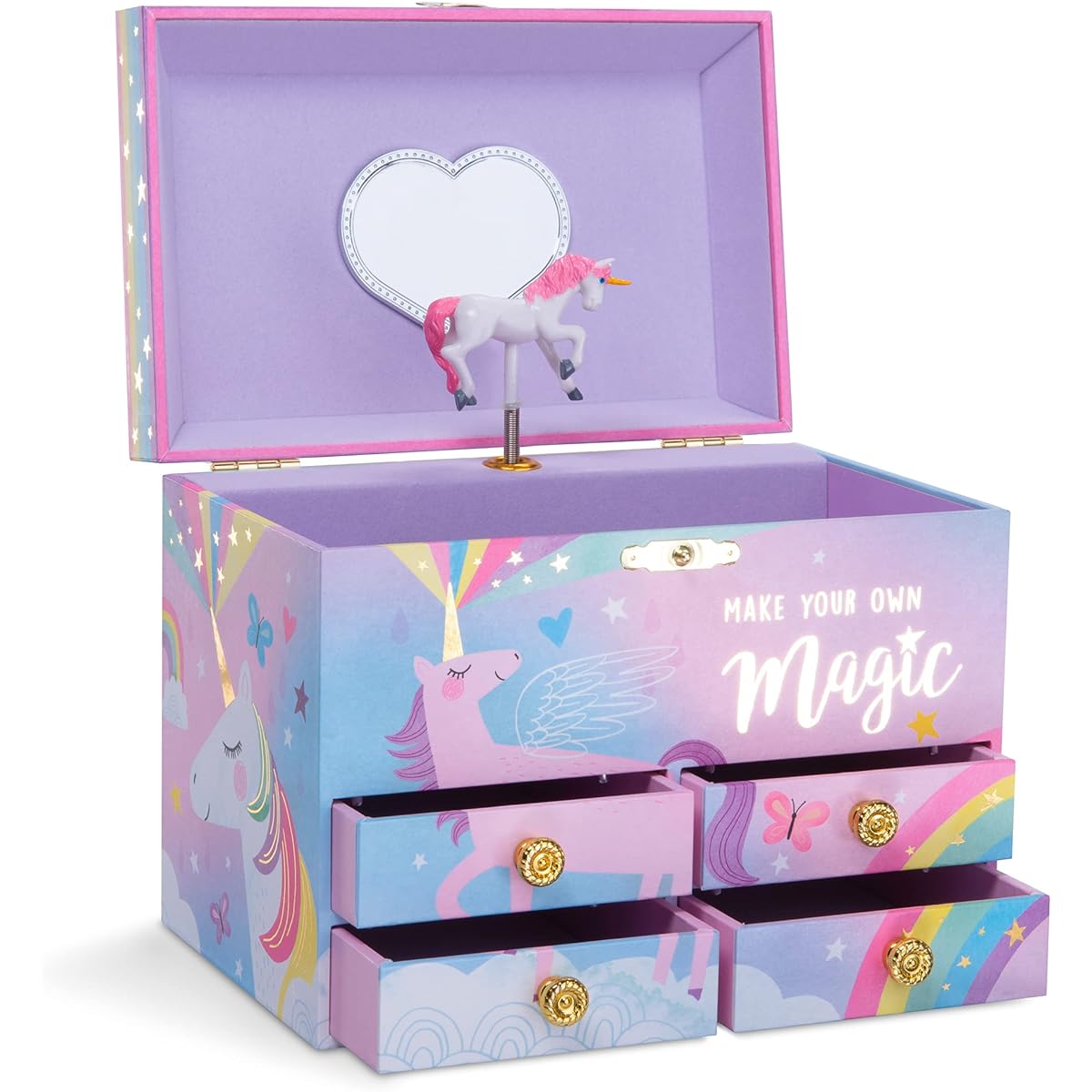 Jewelkeeper Cotton Candy Unicorn Large Musical Jewelry Storage Box with 4 Drawers Girls Musical Jewelry Box Beautiful Dreamer Tunes