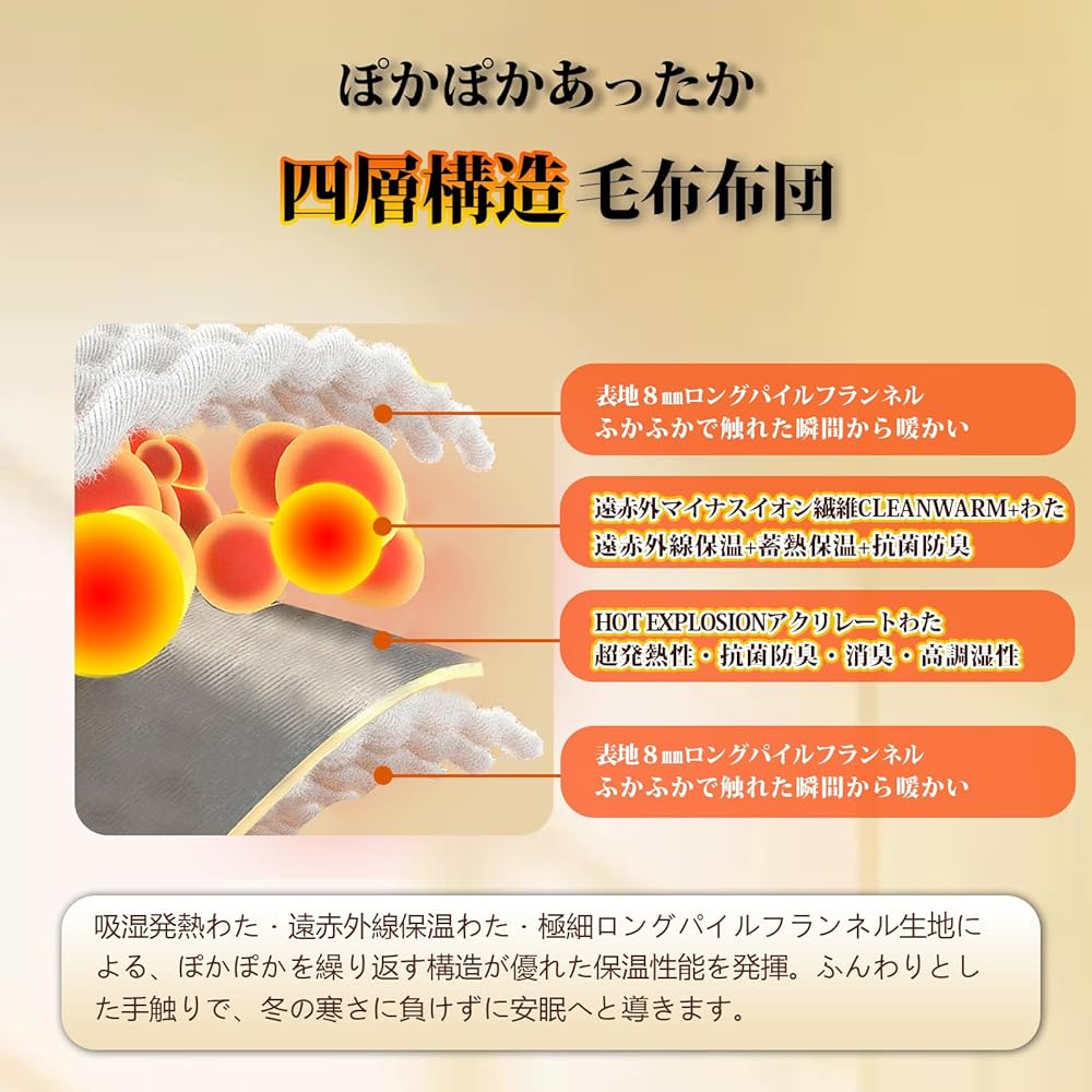 WARM Plus & 4 Layer Structure, Comforter, Double Warm, Winter, Flannel, Moisture Absorbing Acrylate + Far Infrared Cotton, Heat Generating Heat Dissipation, Lightweight and Warm, Alternative to