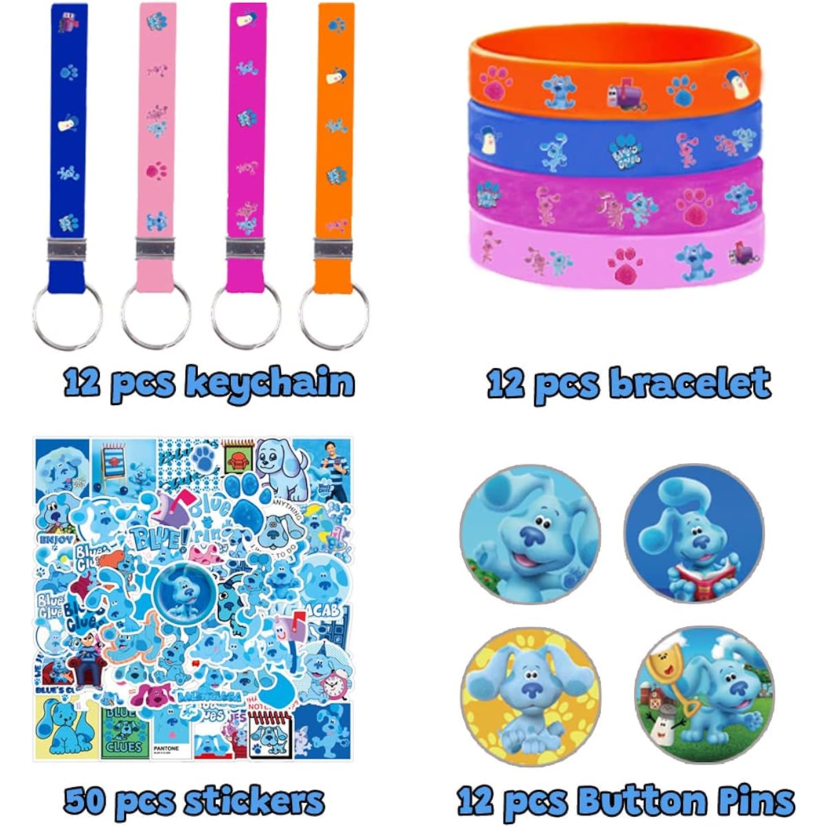 Blue's Clues Party Supplies Decorations - 86 Pack Party Favors Set - 12 Bracelets, 12 Button Pins, 12 Key Chains, 50 Stickers - Blue's Clues Themed Party Gifts