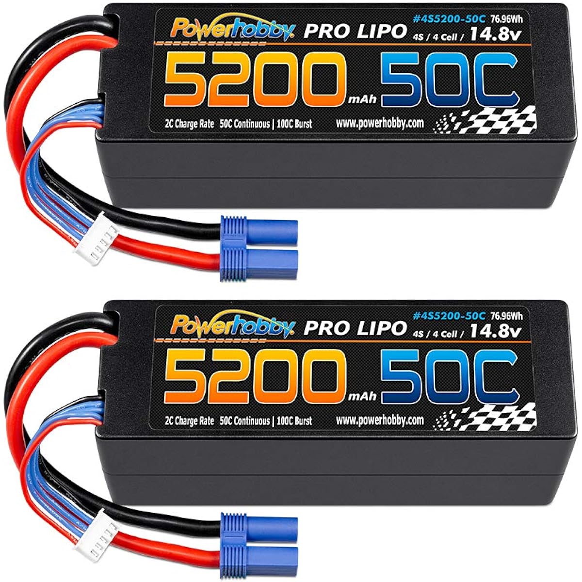 Powerhobby 4S 14.8V 5200mAh 50C Lipo Battery Hard Case 4 Cells with EC5 Plug 2 Pack