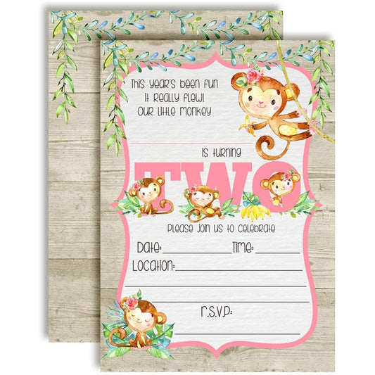 AmandaCreation Little Monkey Watercolor Jungle Second Birthday Party Invitations for Girls 5"x7" Includes 20 Cards and 20 White Envelopes