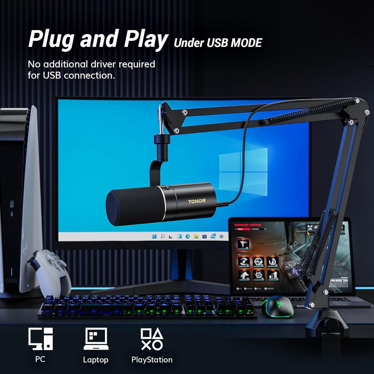 TONOR Dynamic Microphone, USB/XLR PC Microfono with Hanger Stand, for Podcast, Recording, Live, Gaming, XLR Cardioid Studio Microphone for Music and Voice, with 3.5mm Earphone Jack, TD 510+