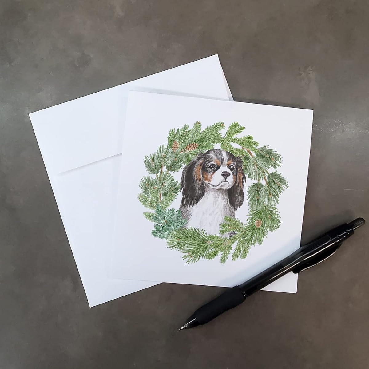 Caroline's Treasures CK8836GC55 Cavalier King Charles Spaniel Tricolor Christmas Wreaths Square with Greeting Cards and Envelopes, Pack of 8, Multicolor