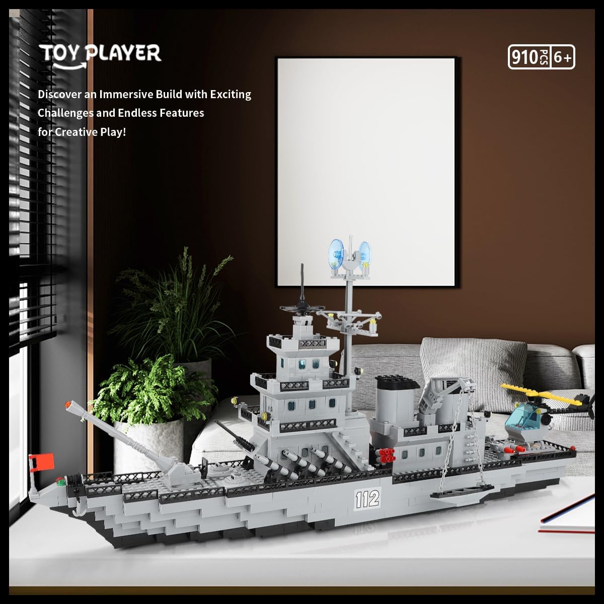 WW2 Military Battleship Building Blocks Set Large Cruiser Toy Military Battleship Toy with Helicopter and City Lifeboat Compatible with Lego Sets Gifts for Boys 8-14 Years Old Adults (910 Pieces)