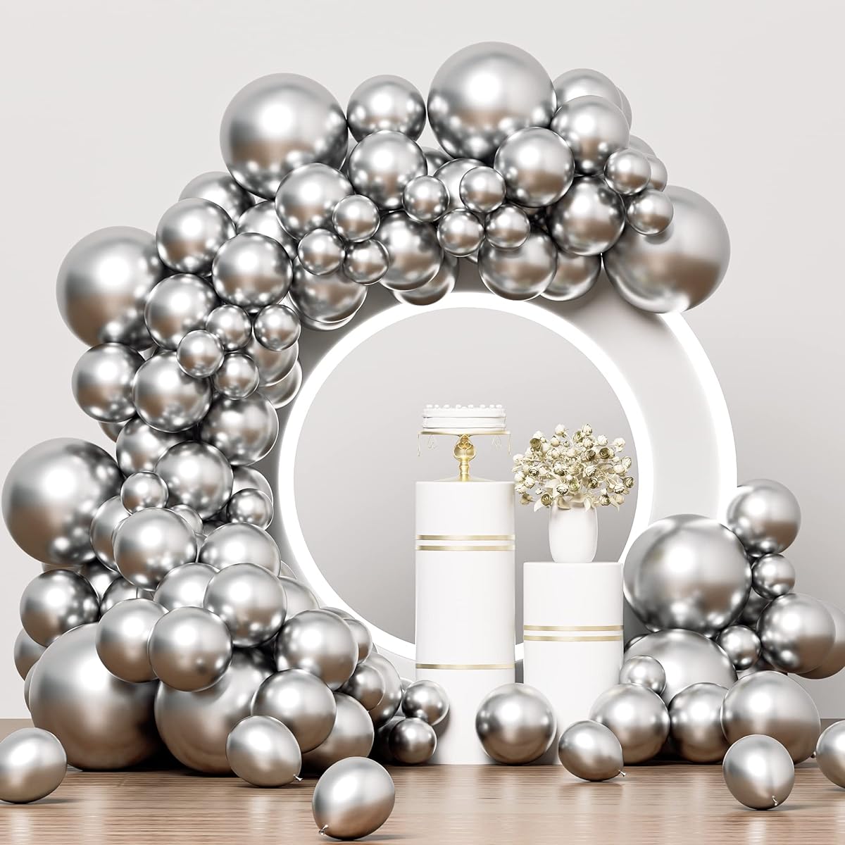 Metallic Silver Balloon Garland Kit, 125pcs 18/12/10/5inch Metallic Silver Latex Balloons Different Size Pack for Birthday Halloween Wedding Baby Shower Party Decorations