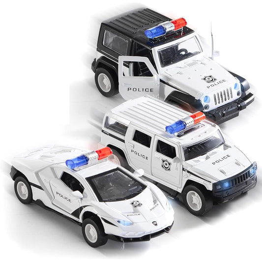Top Race Metal Die Cast Police Car Pull Back Battery Operated LED Headlights and Siren 1:32 Scale Set of 3