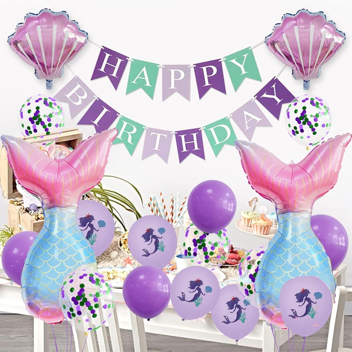 Borsgye Mermaid Shell Balloon with HB Banner Rainbow Number 6