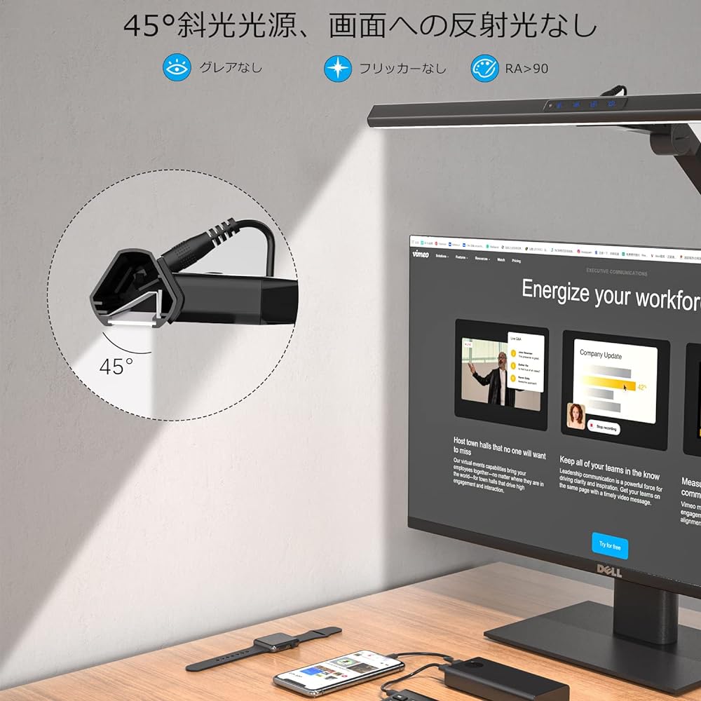 Desk Light LED Bright Arm Light KableRika Memory Clamp Flexible Rotation Automatic Dimming Adjustable Color Wide 60CM Light Bar Easy on the Eyes Touch Type PSE Certified PC Work/Work/Study/Reading Light