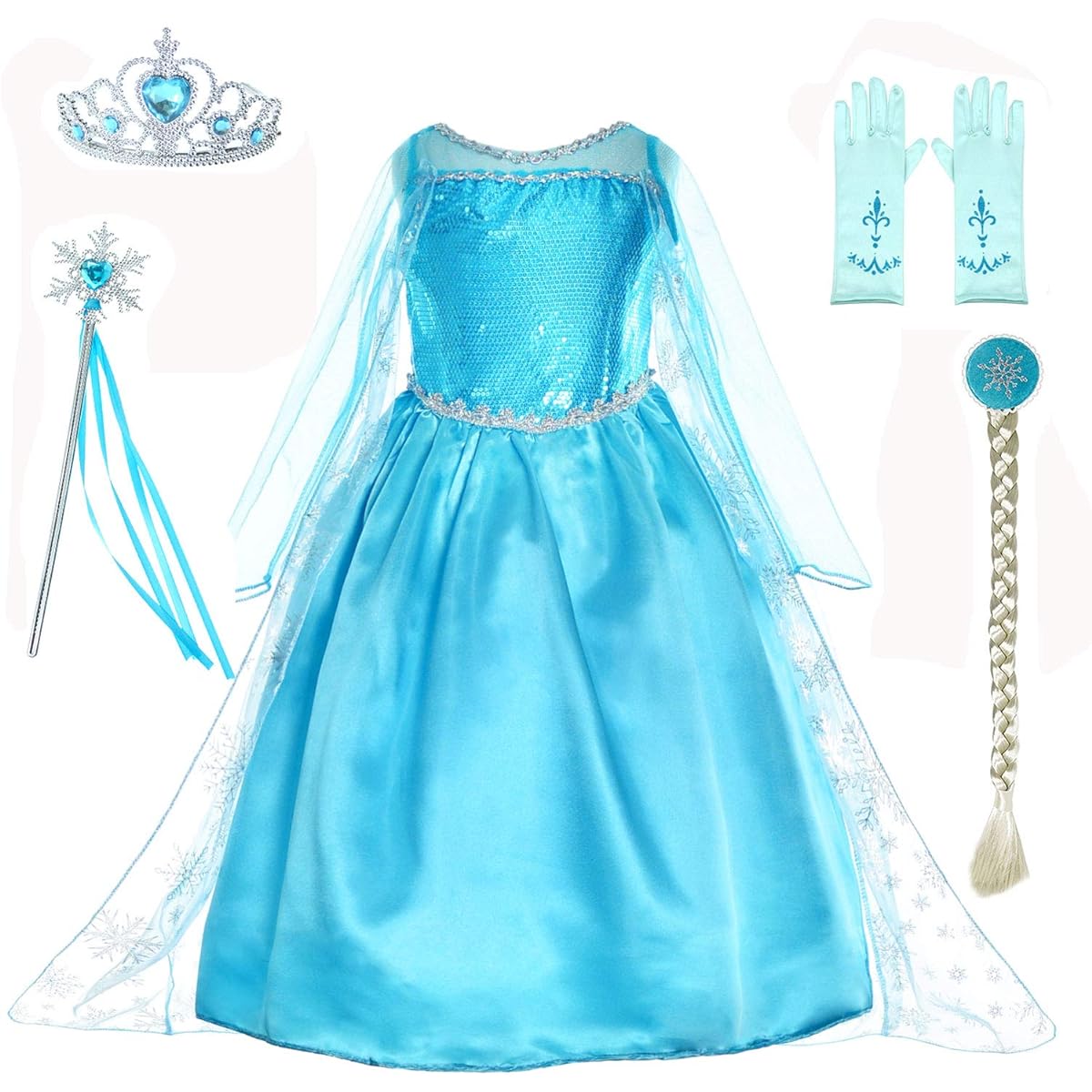 Princess Dress Up Costume for Girls Birthday Party with Wig, Crown, Mace and Gloves Accessories Ages 3-10
