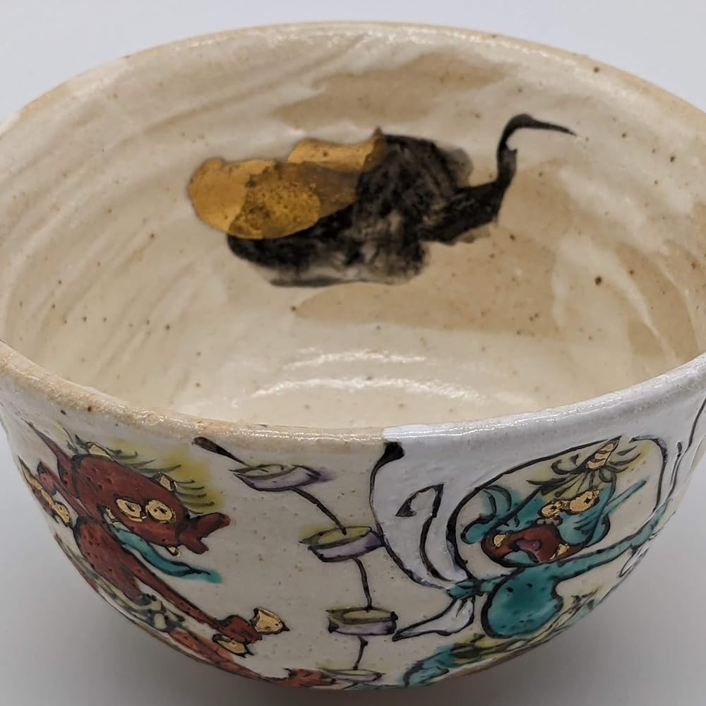 Mino Ware Wada Hitori Matcha Bowl Tea Cup Approx. 13cm Fujin Raijin Made in Japan 105-0013